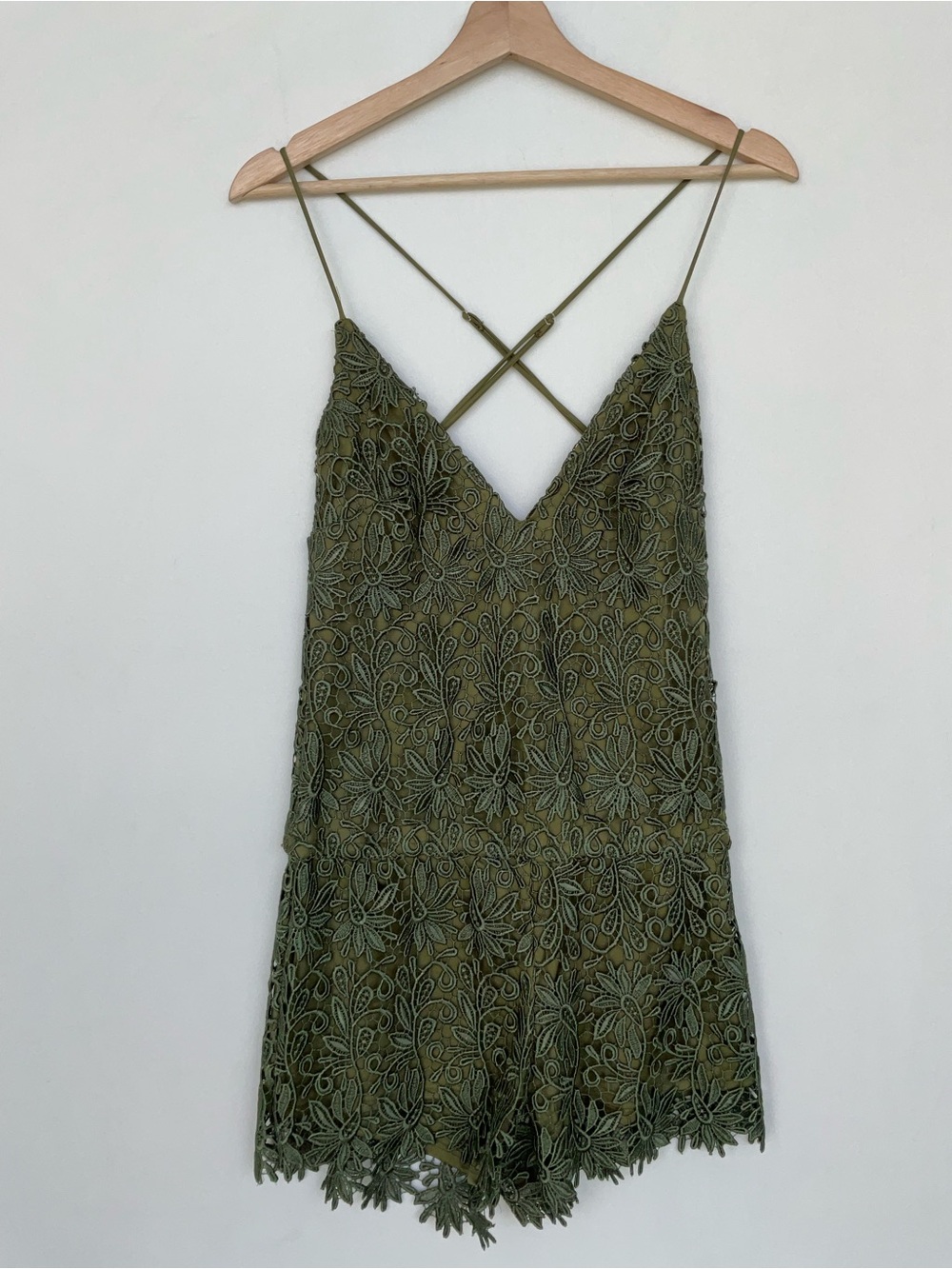 Rubber Ducky Productions, Inc. Olive Green Lace Romper with Crisscross Straps